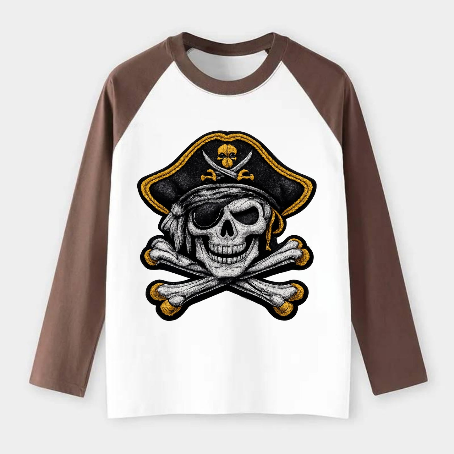PIRATE SKULL - Jolly Roger skull in black and white , pirate - Raglan Long Sleeve T-Shirt - Coffee