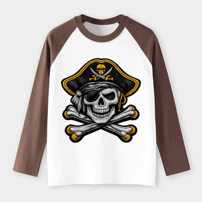 PIRATE SKULL - Jolly Roger skull in black and white , pirate - Raglan Long Sleeve T-Shirt - Coffee