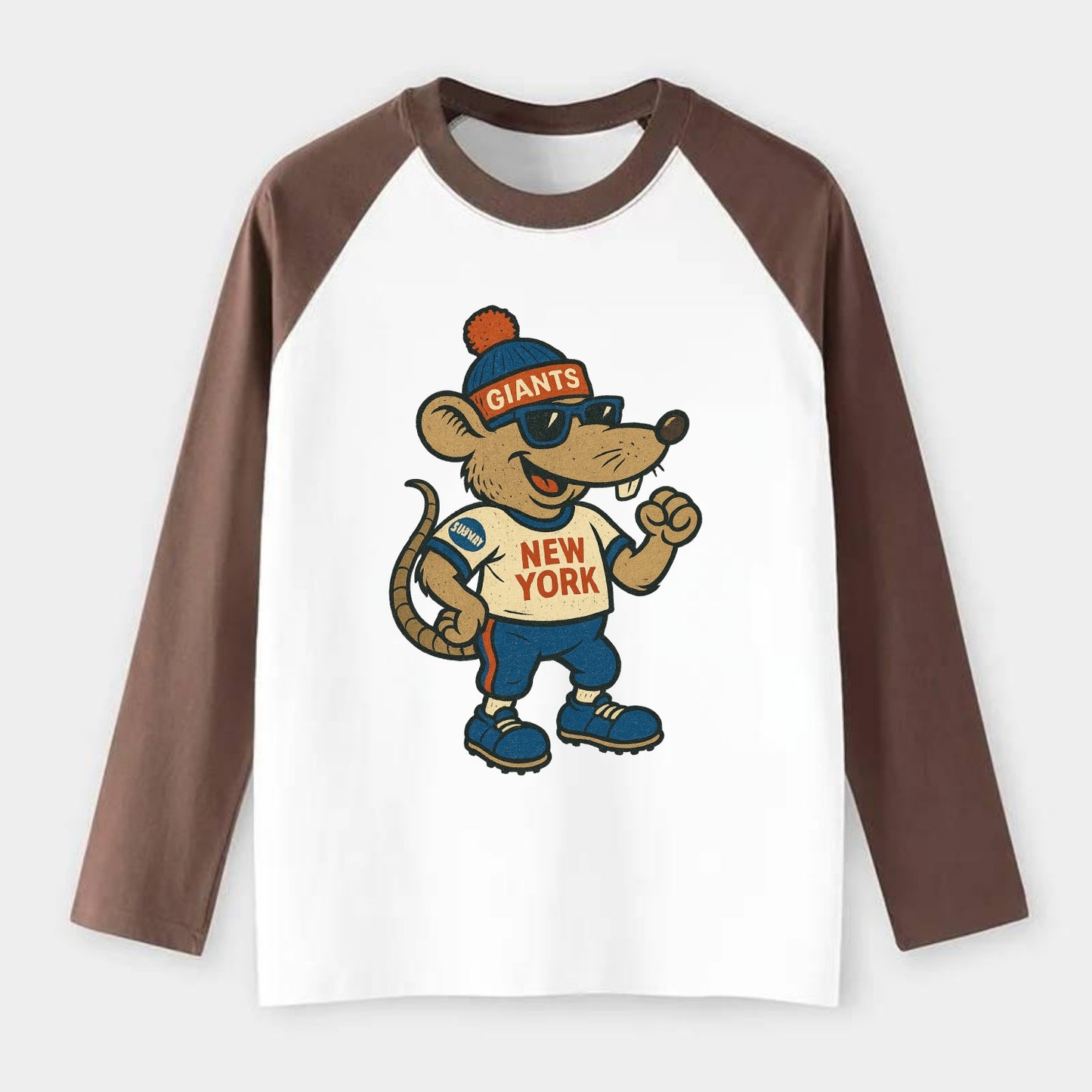New York Rat wearing Giants beanie with subway patch and wayfarer - Raglan Long Sleeve T-Shirt - Coffee