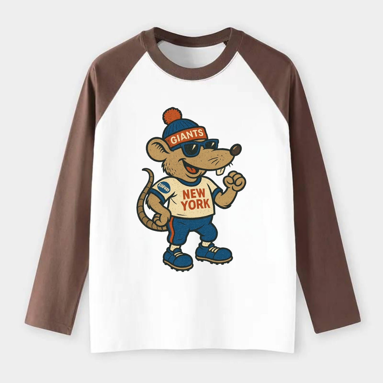 New York Rat wearing Giants beanie with subway patch and wayfarer - Raglan Long Sleeve T-Shirt - Coffee