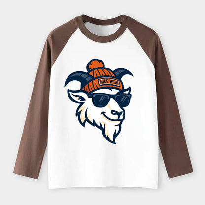 Denver Mountain Goat wearing Broncos beanie with Mile High patch and - Raglan Long Sleeve T-Shirt - Coffee