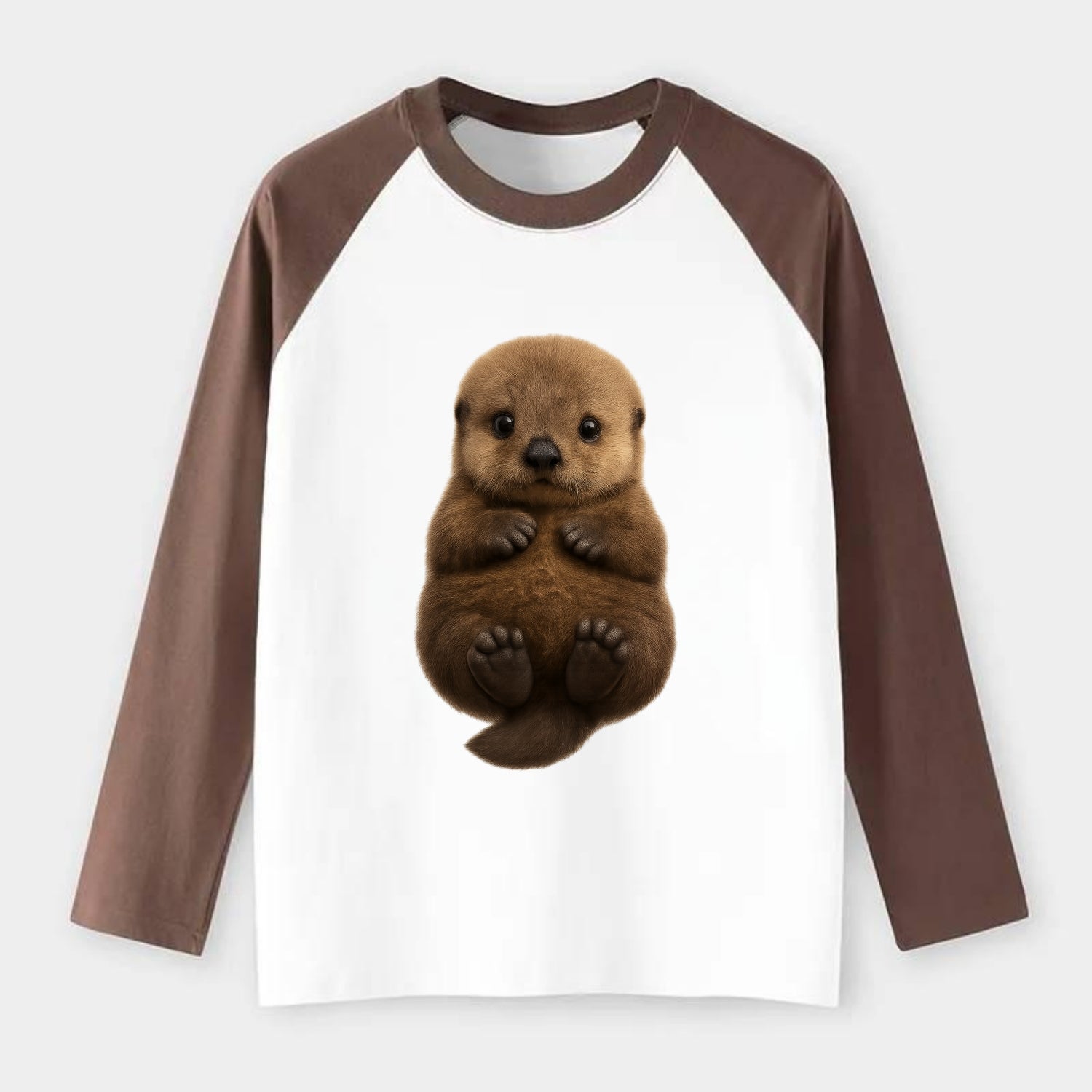 Baby Sea Otter - brown fluffy, floating on back, tiny paws, bright - Raglan Long Sleeve T-Shirt - Coffee