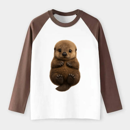 Baby Sea Otter - brown fluffy, floating on back, tiny paws, bright - Raglan Long Sleeve T-Shirt - Coffee