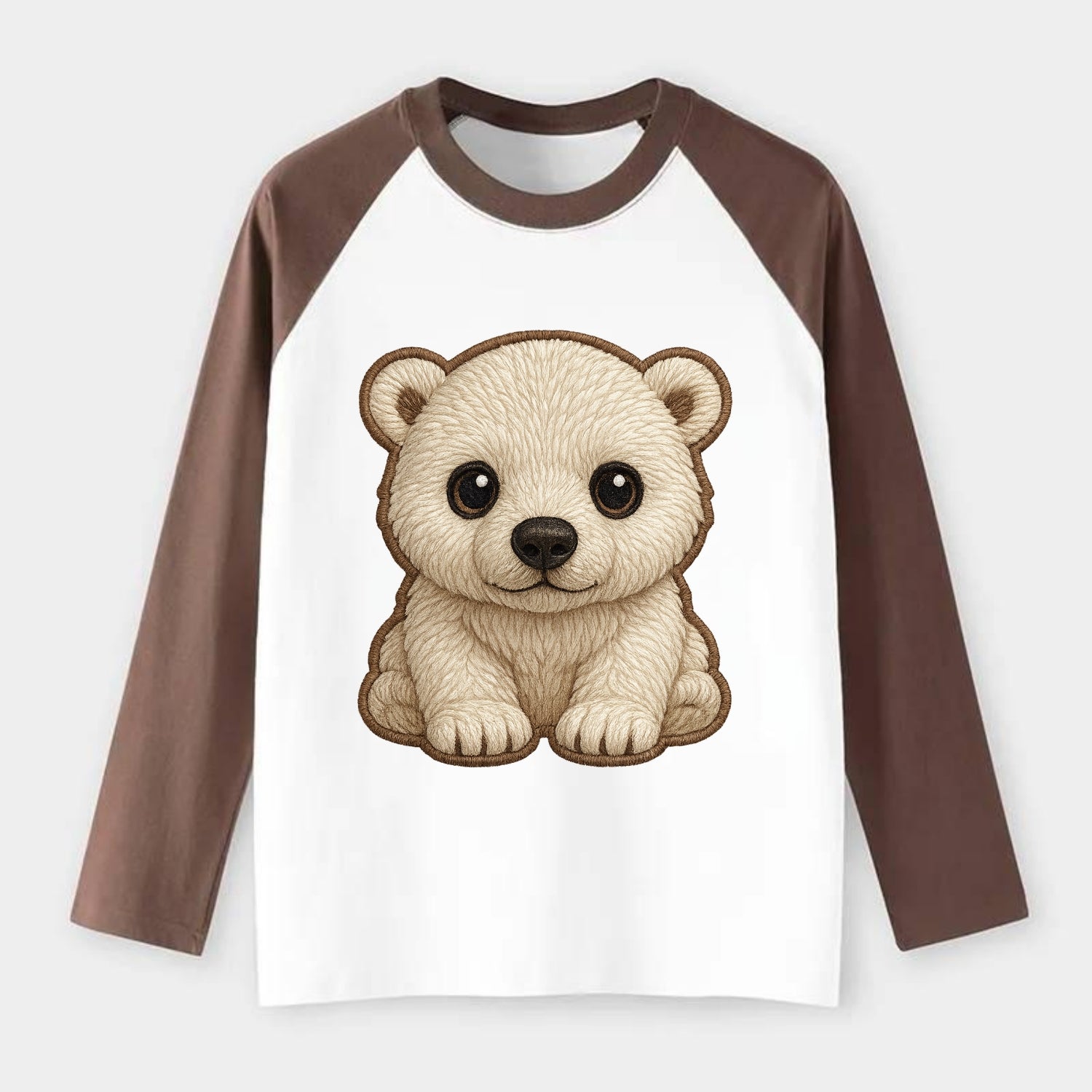 Baby Polar Bear Cub - white fluffy, black nose, dark curious eyes, - Raglan Long Sleeve T-Shirt - Coffee
