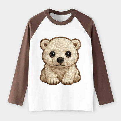 Baby Polar Bear Cub - white fluffy, black nose, dark curious eyes, - Raglan Long Sleeve T-Shirt - Coffee