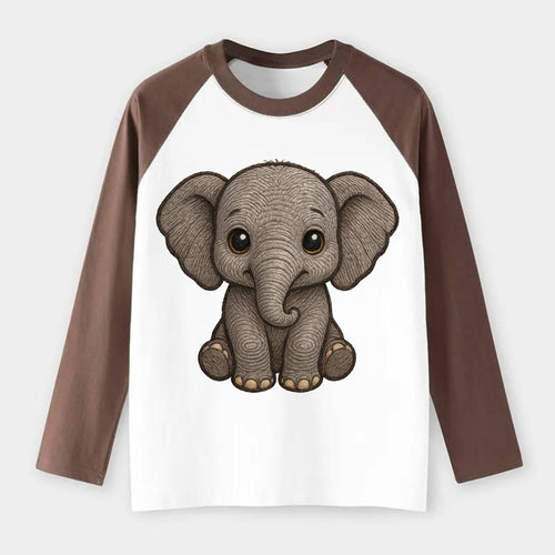 Baby Elephant - gray wrinkly, tiny trunk, large floppy ears, kind dark - Raglan Long Sleeve T-Shirt