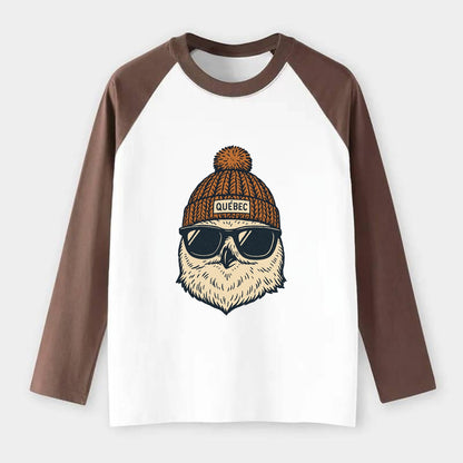 Quebec City Snowy Owl wearing Quebec beanie with pom pom and wayfarer - Raglan Long Sleeve T-Shirt - Coffee