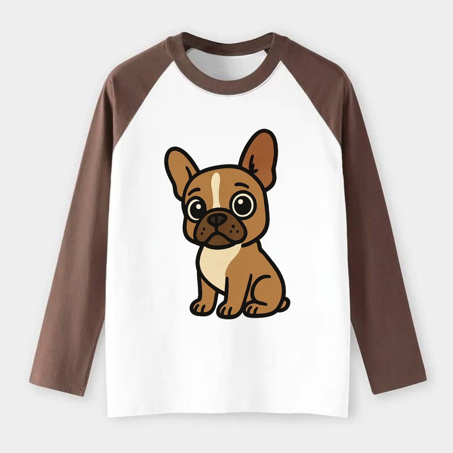French Bulldog - Head tilt one ear up - Raglan Long Sleeve T-Shirt - Coffee