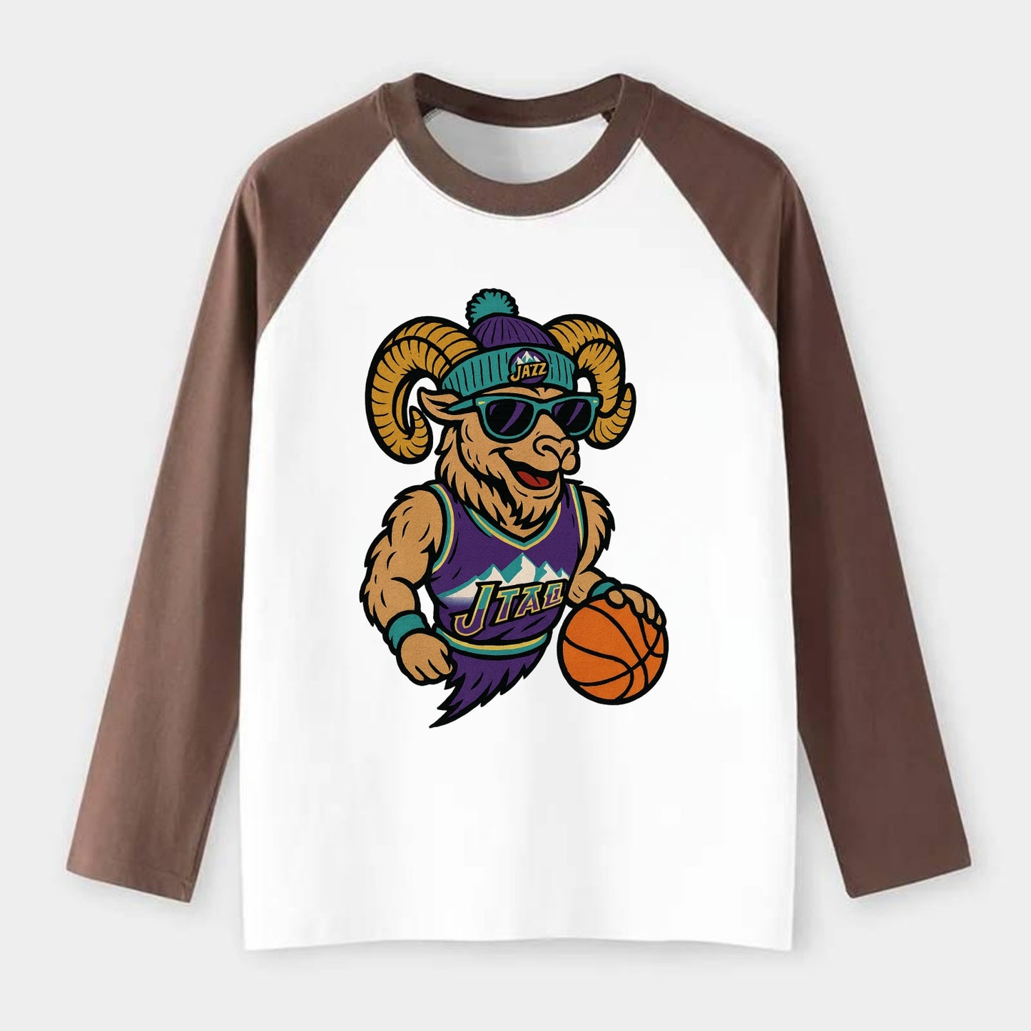 Utah Bighorn wearing Jazz beanie with mountain melody patch and - Raglan Long Sleeve T-Shirt - Coffee