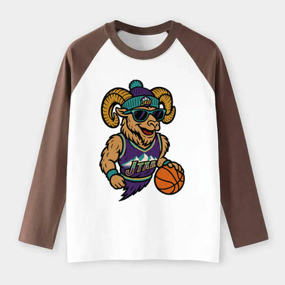 Utah Bighorn wearing Jazz beanie with mountain melody patch and - Raglan Long Sleeve T-Shirt - Coffee