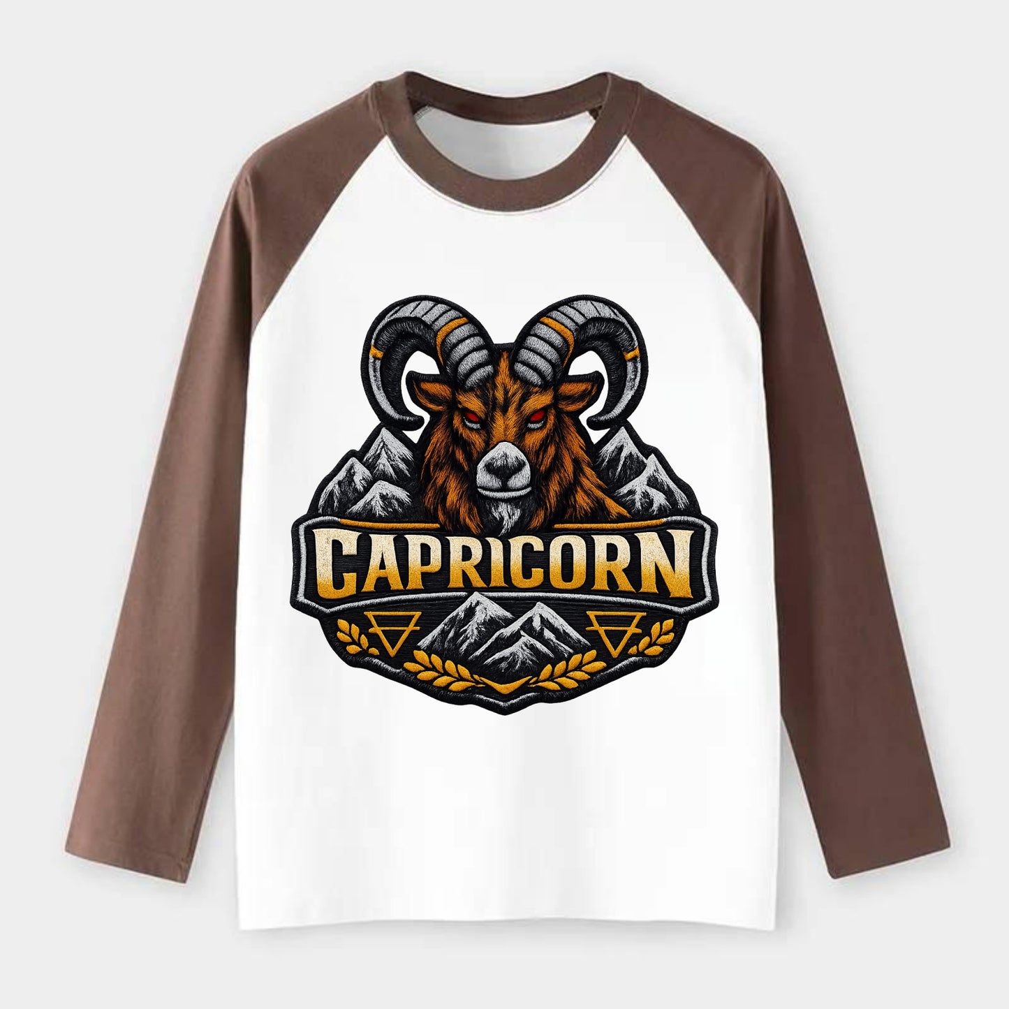 CAPRICORN GOAT - mountain goat in brown and gray , earth sign - Raglan Long Sleeve T-Shirt - Coffee