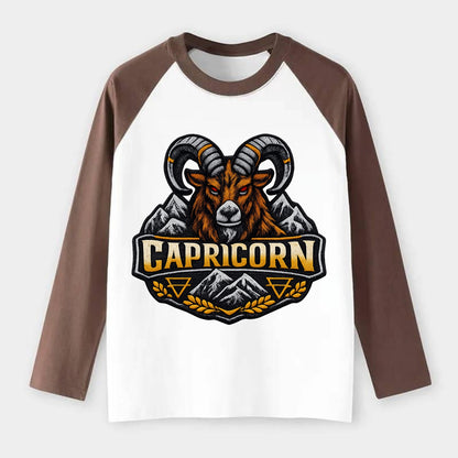 CAPRICORN GOAT - mountain goat in brown and gray , earth sign - Raglan Long Sleeve T-Shirt - Coffee