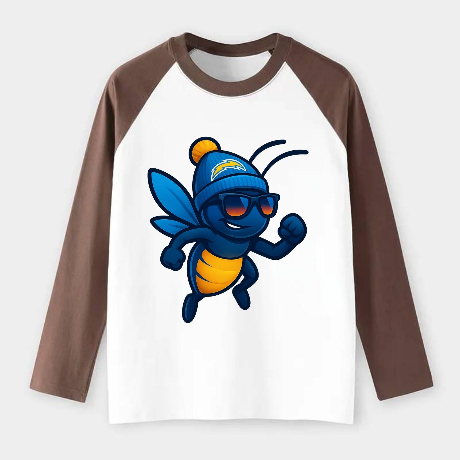 LA Lightning Bug wearing Chargers powder blue and gold beanie with pom - Raglan Long Sleeve T-Shirt - Coffee