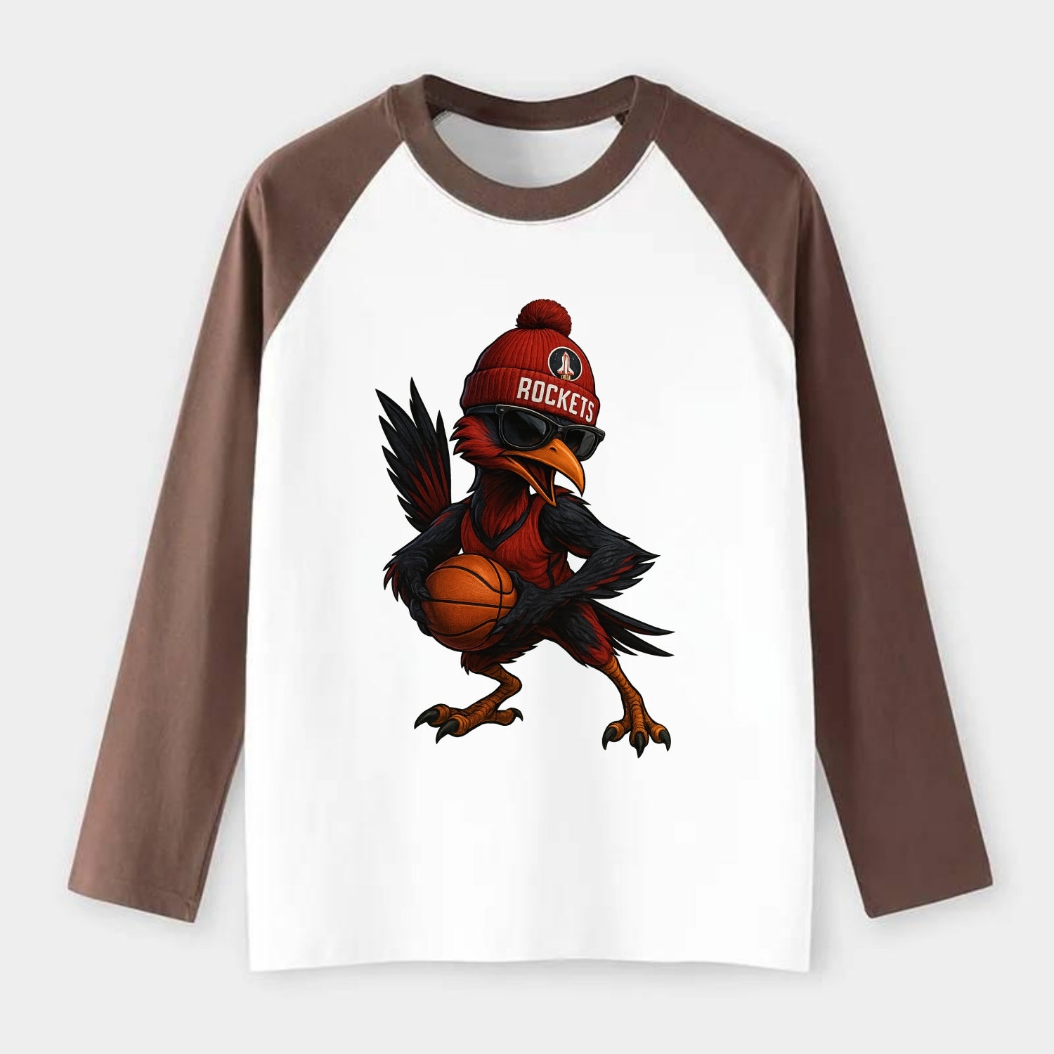 Houston Roadrunner wearing Rockets beanie with launch pad patch and - Raglan Long Sleeve T-Shirt - Coffee