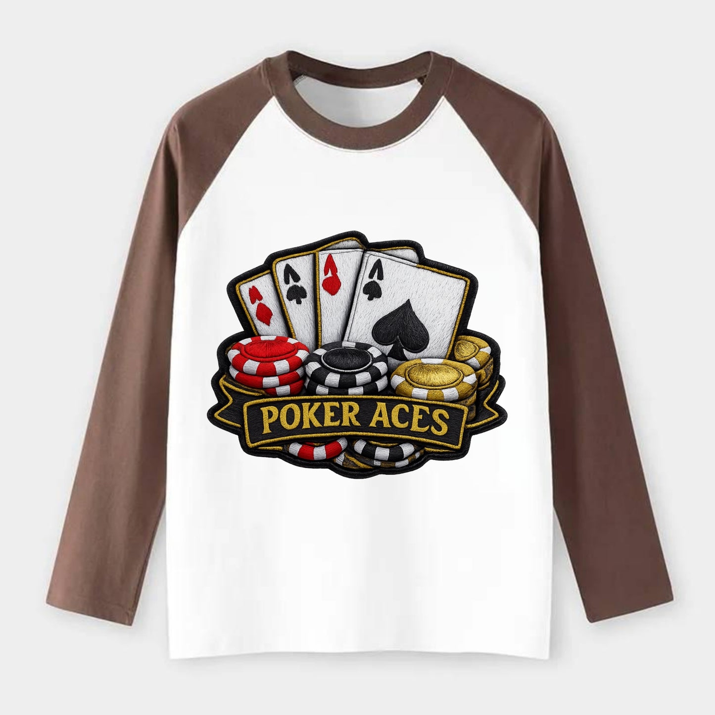 Embroidered patch design - POKER ACES - four aces with chips in red, - Raglan Long Sleeve T-Shirt - Coffee