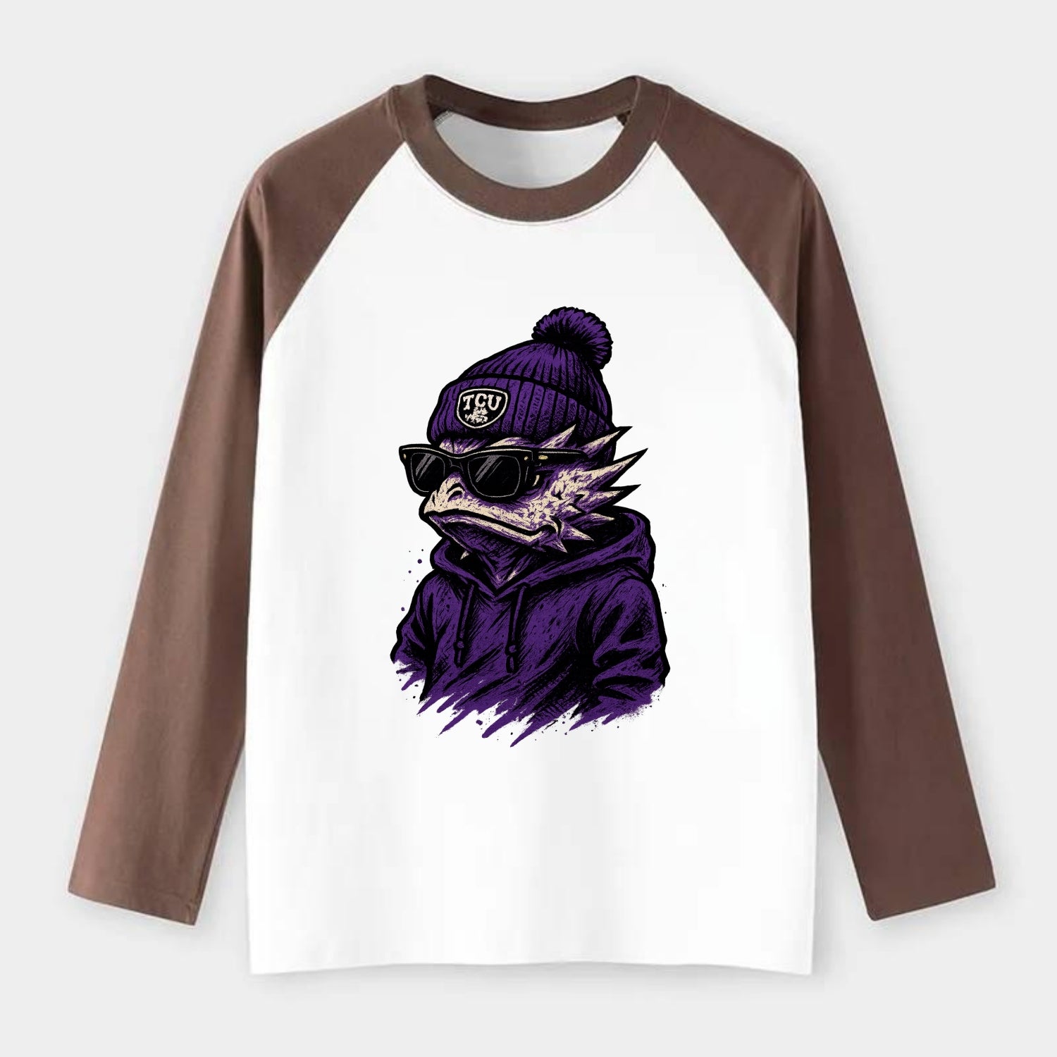 Fort Worth Horned Frog wearing TCU beanie with frog patch - Raglan Long Sleeve T-Shirt - Coffee