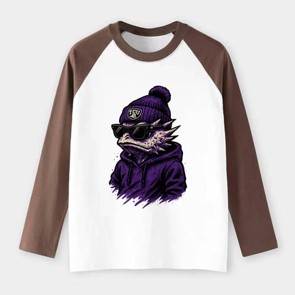 Fort Worth Horned Frog wearing TCU beanie with frog patch - Raglan Long Sleeve T-Shirt - Coffee
