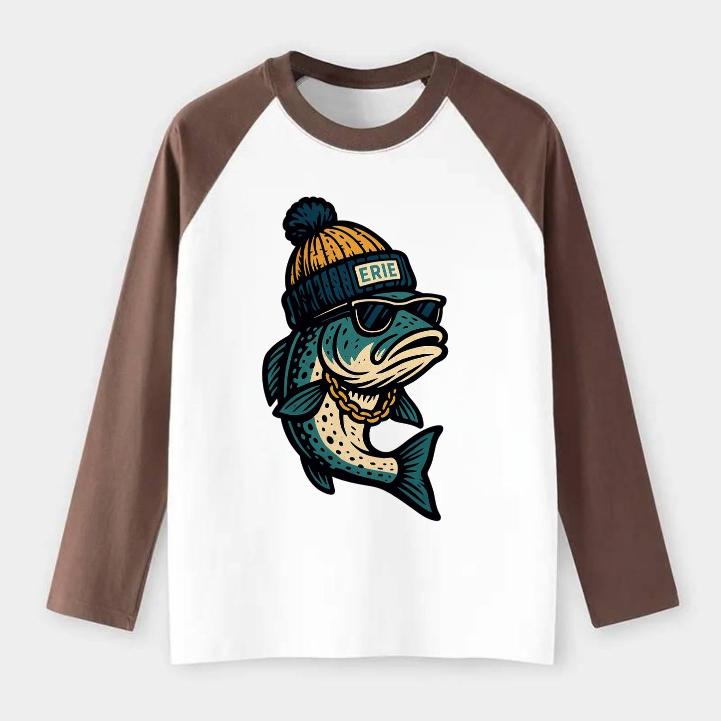 Erie Lake Trout wearing Erie beanie with - Raglan Long Sleeve T-Shirt - Coffee
