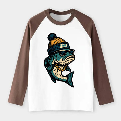 Erie Lake Trout wearing Erie beanie with - Raglan Long Sleeve T-Shirt - Coffee