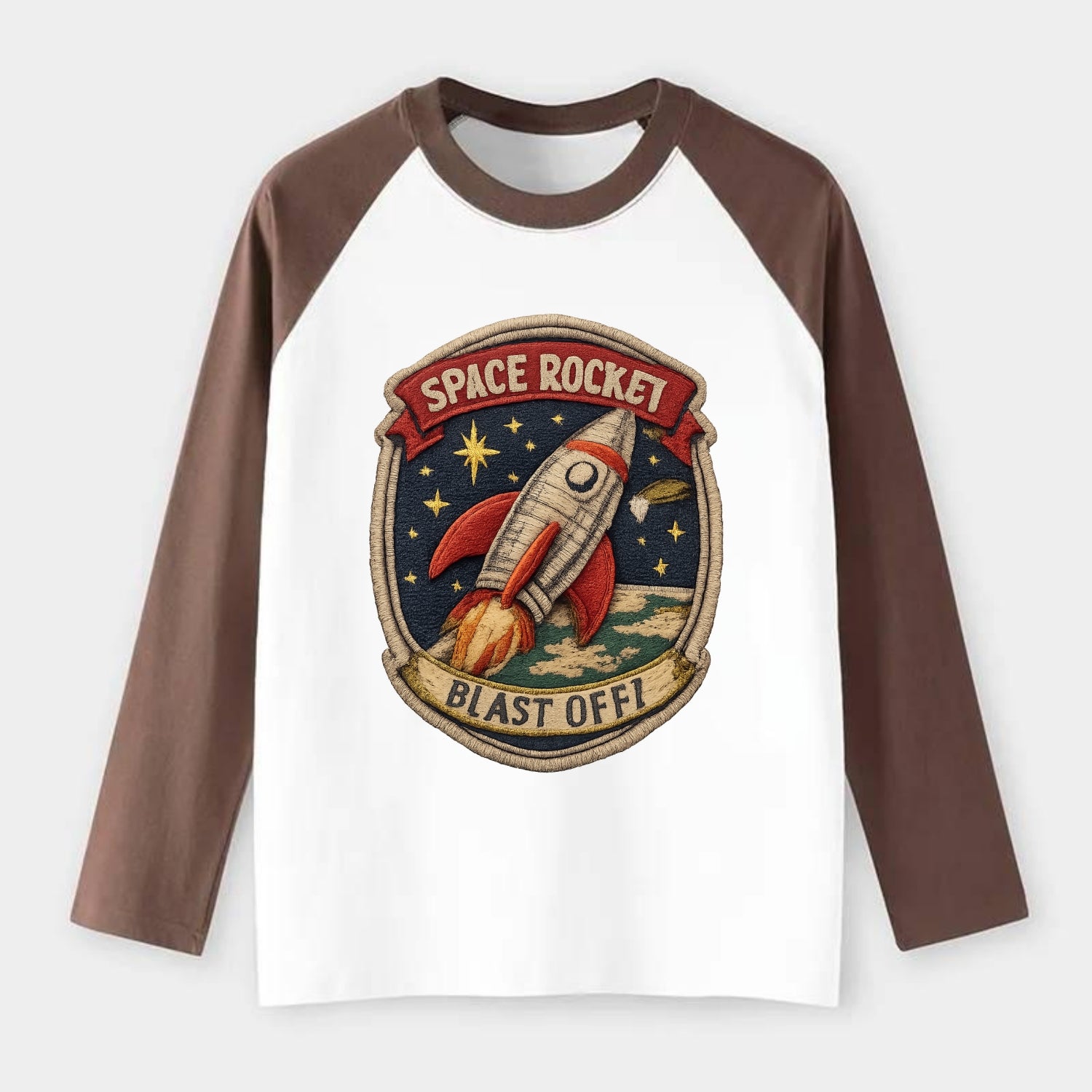 RETRO ROCKET - 1950s space rocket in silver and red , atomic age - Raglan Long Sleeve T-Shirt - Coffee
