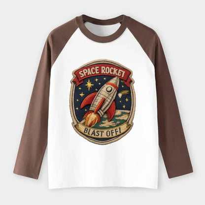 RETRO ROCKET - 1950s space rocket in silver and red , atomic age - Raglan Long Sleeve T-Shirt - Coffee