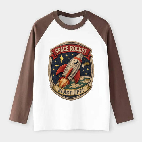 RETRO ROCKET - 1950s space rocket in silver and red , atomic age - Raglan Long Sleeve T-Shirt