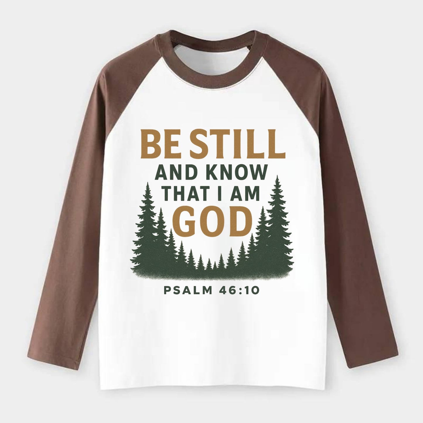 Psalm 46:10 Forest - Raglan Long Sleeve T-Shirt - Coffee