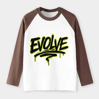 Bold typography design - "EVOLVE" - changing, becoming better - Raglan Long Sleeve T-Shirt - Coffee
