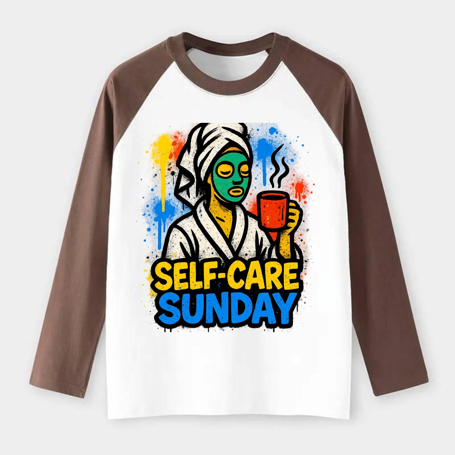 Person in bathrobe with face mask and tea - self-care Sunday ritual, - Raglan Long Sleeve T-Shirt - Coffee