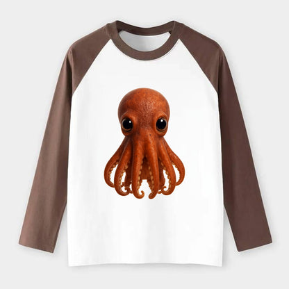 Baby Giant Pacific Octopus - reddish, smaller tentacles, expressive - Raglan Long Sleeve T-Shirt - Coffee