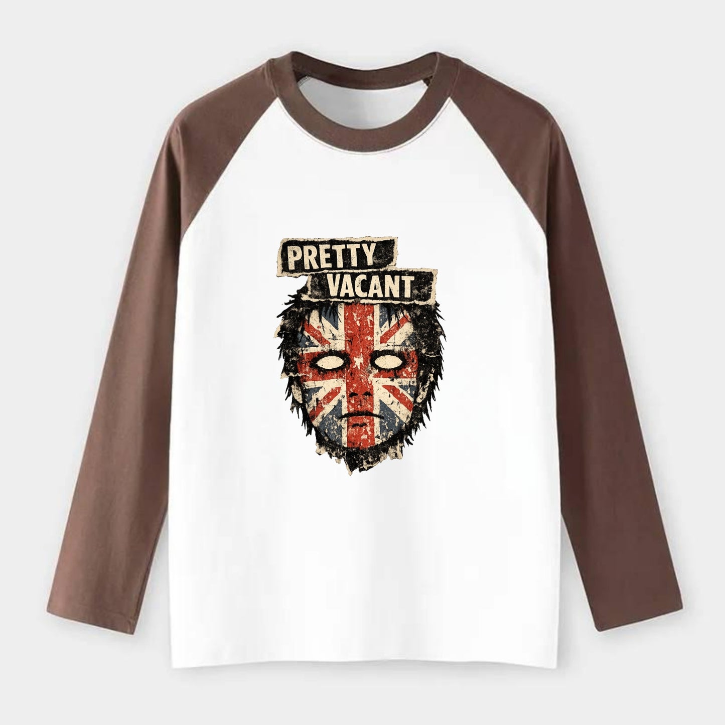 PRETTY VACANT | Blank stare Union Jack face | Empty expression | Punk - Raglan Long Sleeve T-Shirt - Coffee