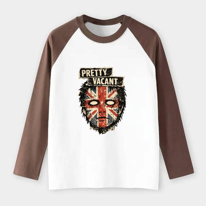 PRETTY VACANT | Blank stare Union Jack face | Empty expression | Punk - Raglan Long Sleeve T-Shirt - Coffee