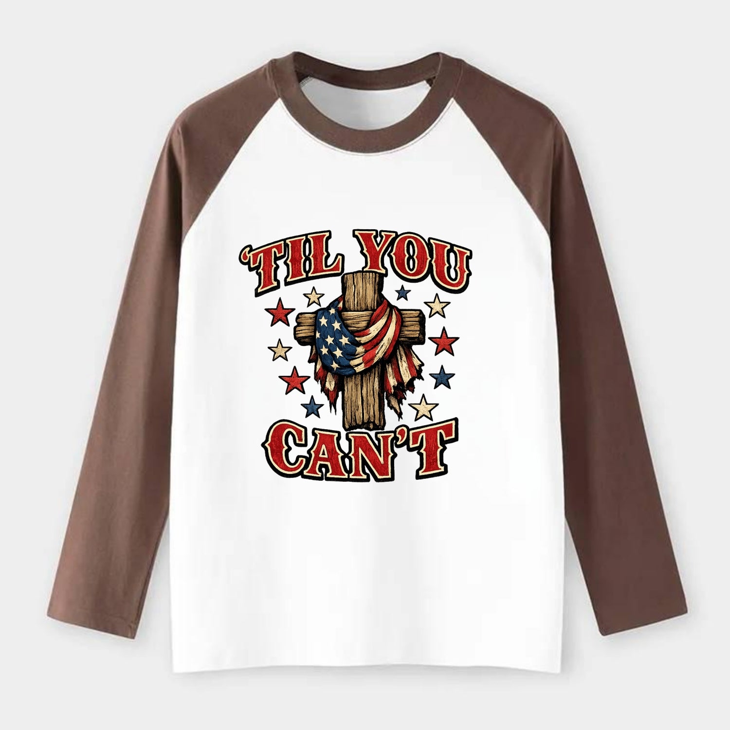 Til You Cant - Flag Cross - Raglan Long Sleeve T-Shirt - Coffee
