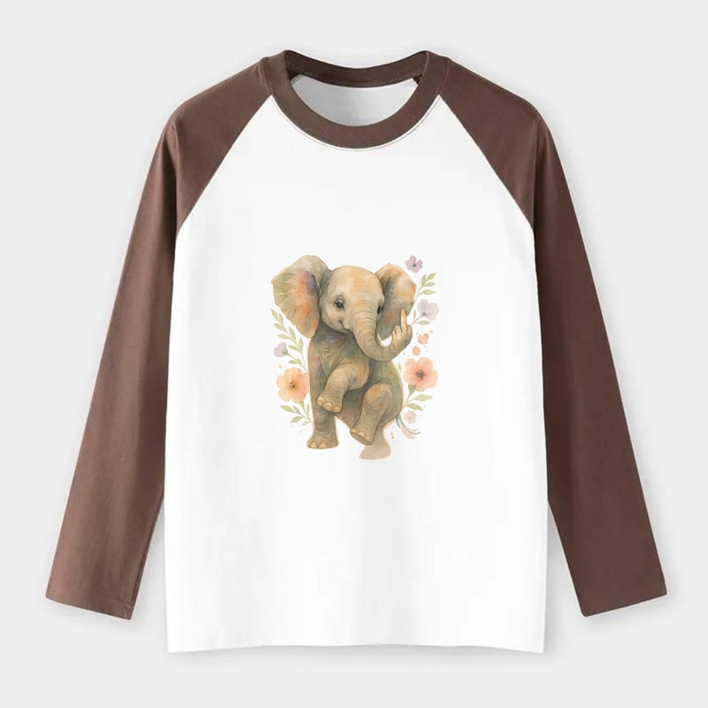 baby elephant with trunk up, one foot raised with middle toe extended - Raglan Long Sleeve T-Shirt - Coffee