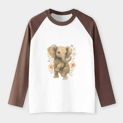 baby elephant with trunk up, one foot raised with middle toe extended - Raglan Long Sleeve T-Shirt - Coffee
