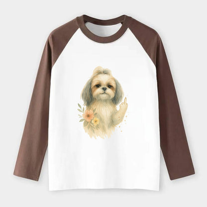 Shih Tzu with long flowing silky hair, tiny paw showing attitude - Raglan Long Sleeve T-Shirt - Coffee