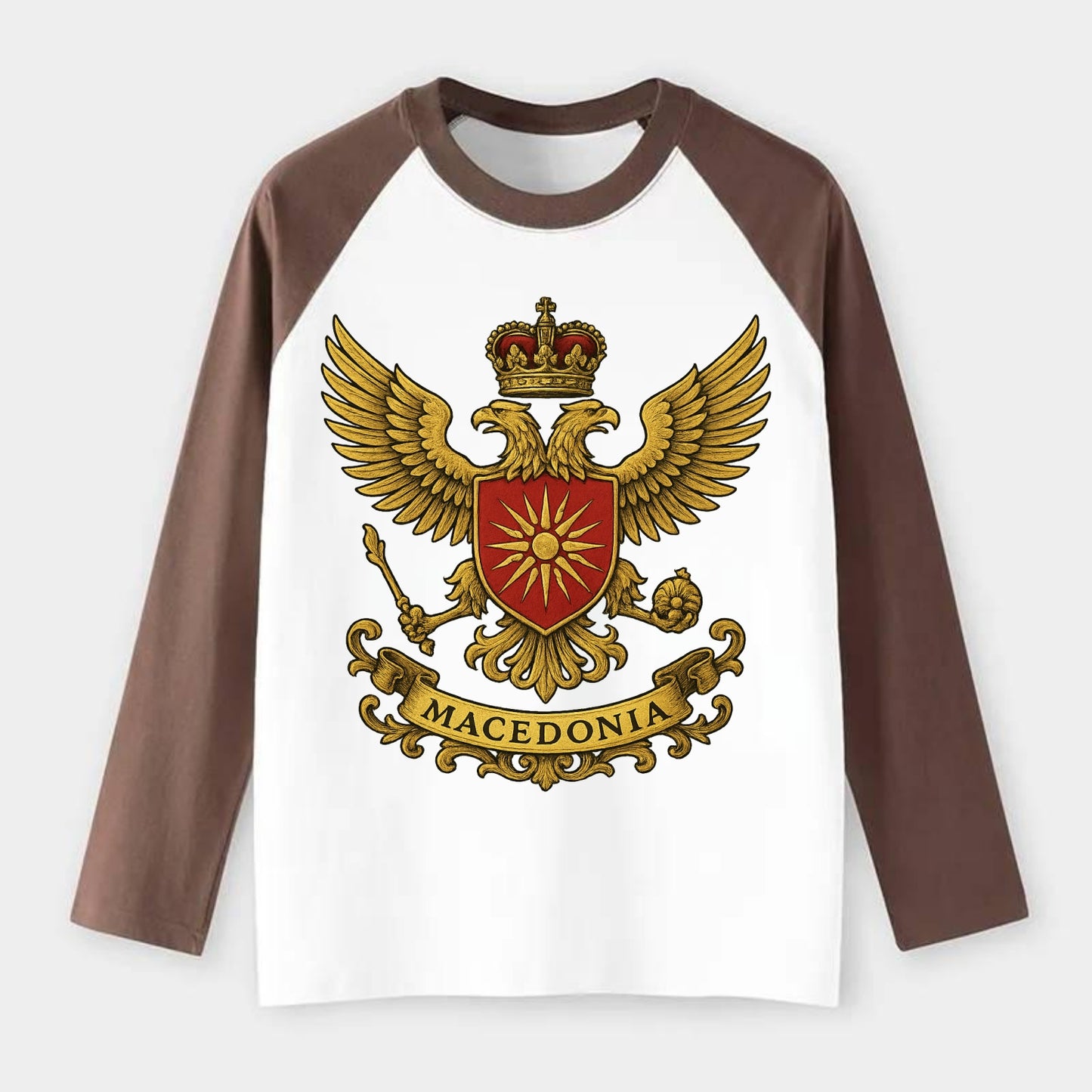 Macedonia Heritage Badge - Raglan Long Sleeve T-Shirt - Coffee