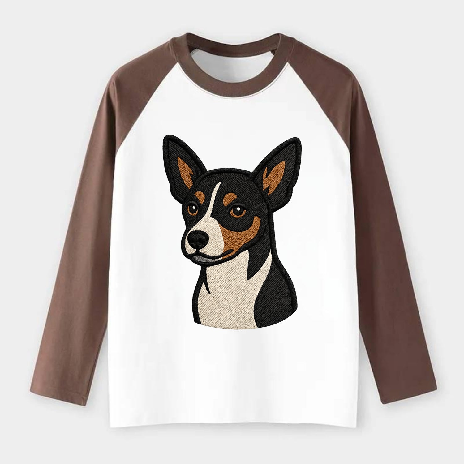 Rat Terrier - Tri-color embroidered pose - Raglan Long Sleeve T-Shirt - Coffee