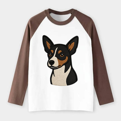 Rat Terrier - Tri-color embroidered pose - Raglan Long Sleeve T-Shirt - Coffee