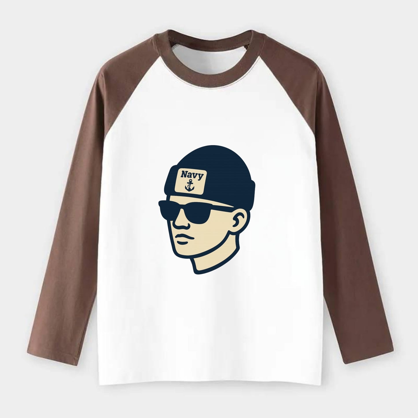 Annapolis Midshipman wearing Navy beanie with anchor patch - Raglan Long Sleeve T-Shirt - Coffee
