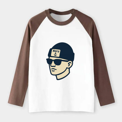 Annapolis Midshipman wearing Navy beanie with anchor patch - Raglan Long Sleeve T-Shirt - Coffee