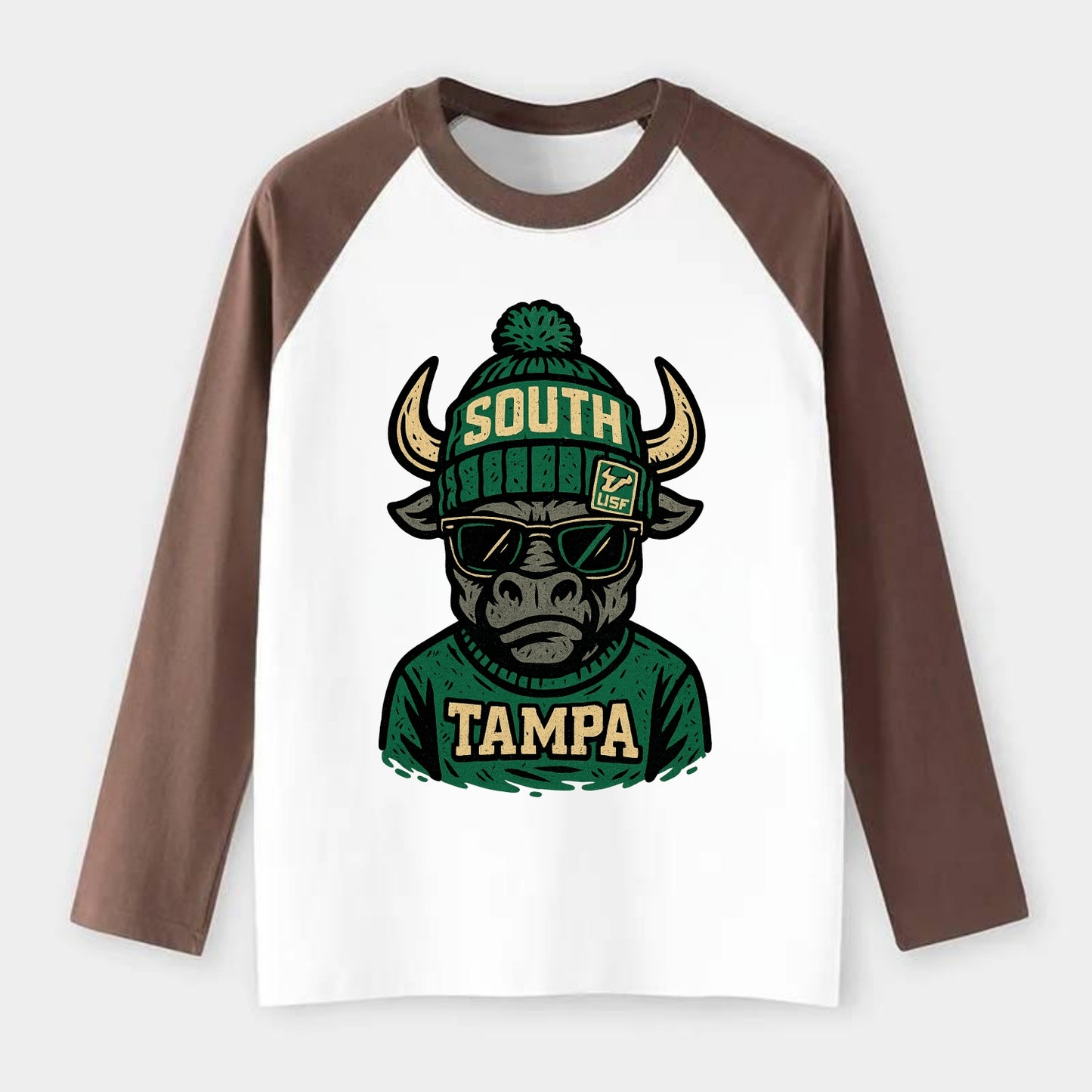 Tampa Bull wearing South Florida beanie with USF patch - Raglan Long Sleeve T-Shirt - Coffee