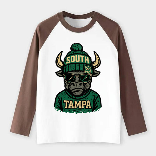 Tampa Bull wearing South Florida beanie with USF patch - Raglan Long Sleeve T-Shirt