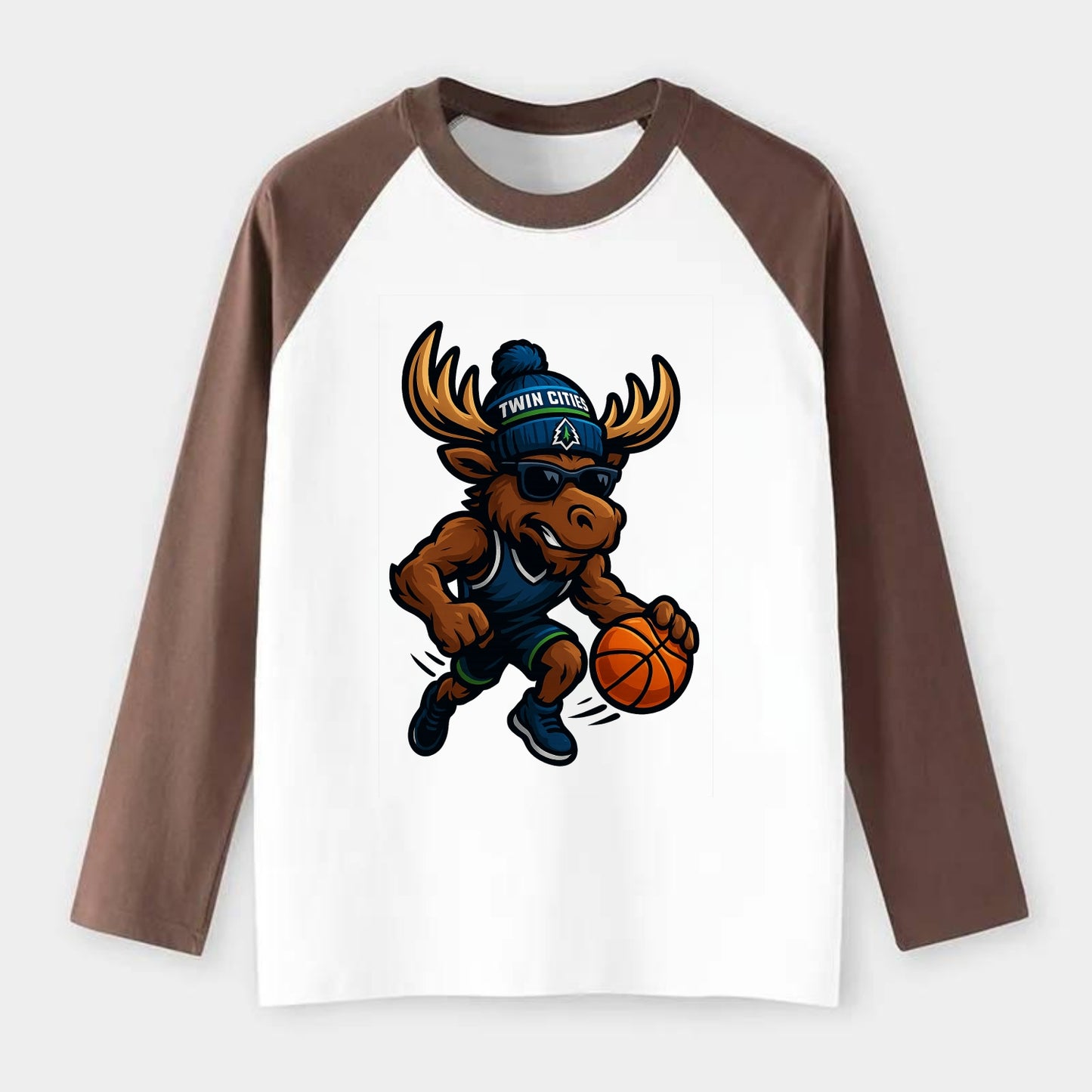 Twin Cities Moose wearing Timberwolves beanie with pine tree patch and - Raglan Long Sleeve T-Shirt - Coffee