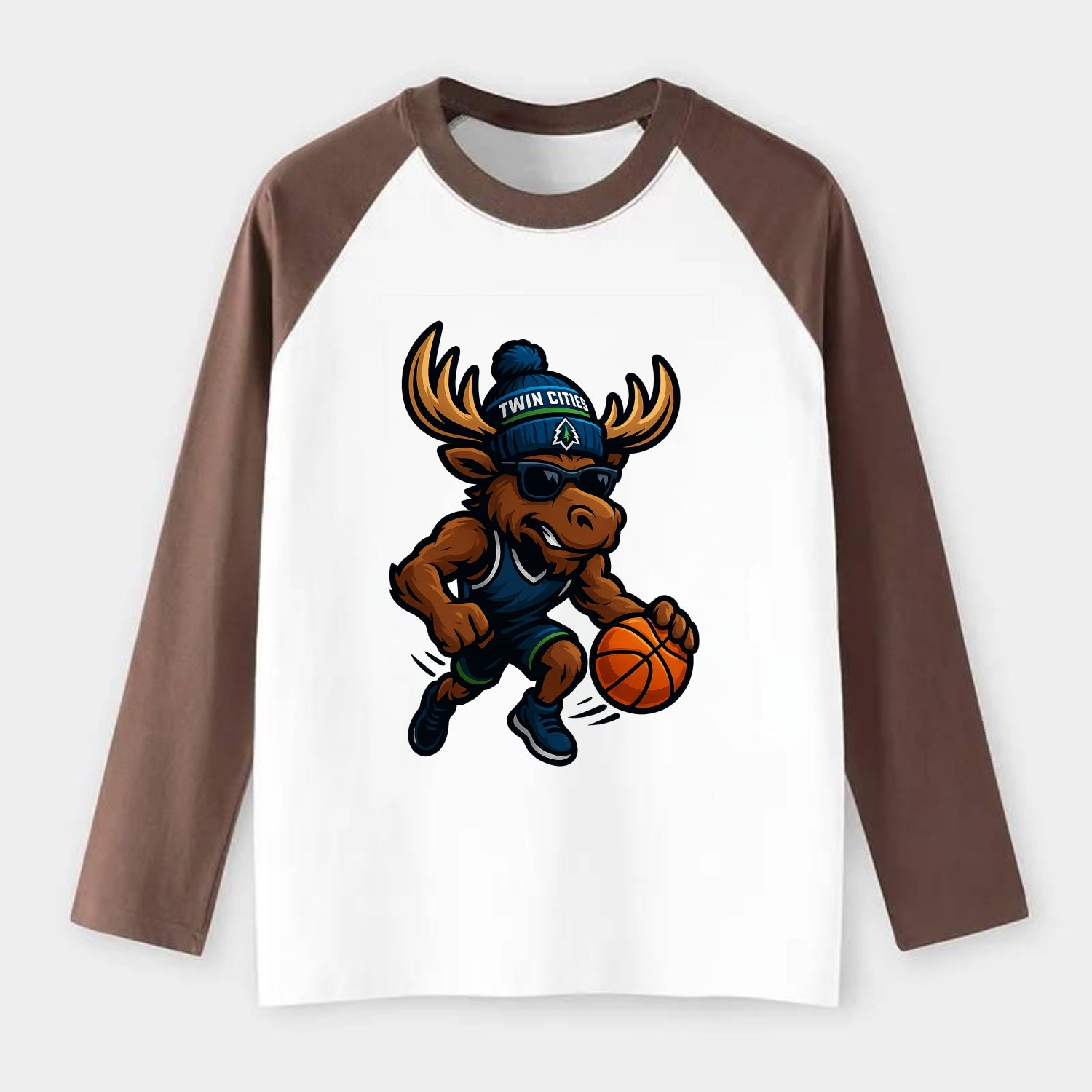 Twin Cities Moose wearing Timberwolves beanie with pine tree patch and - Raglan Long Sleeve T-Shirt - Coffee