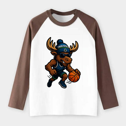 Twin Cities Moose wearing Timberwolves beanie with pine tree patch and - Raglan Long Sleeve T-Shirt - Coffee