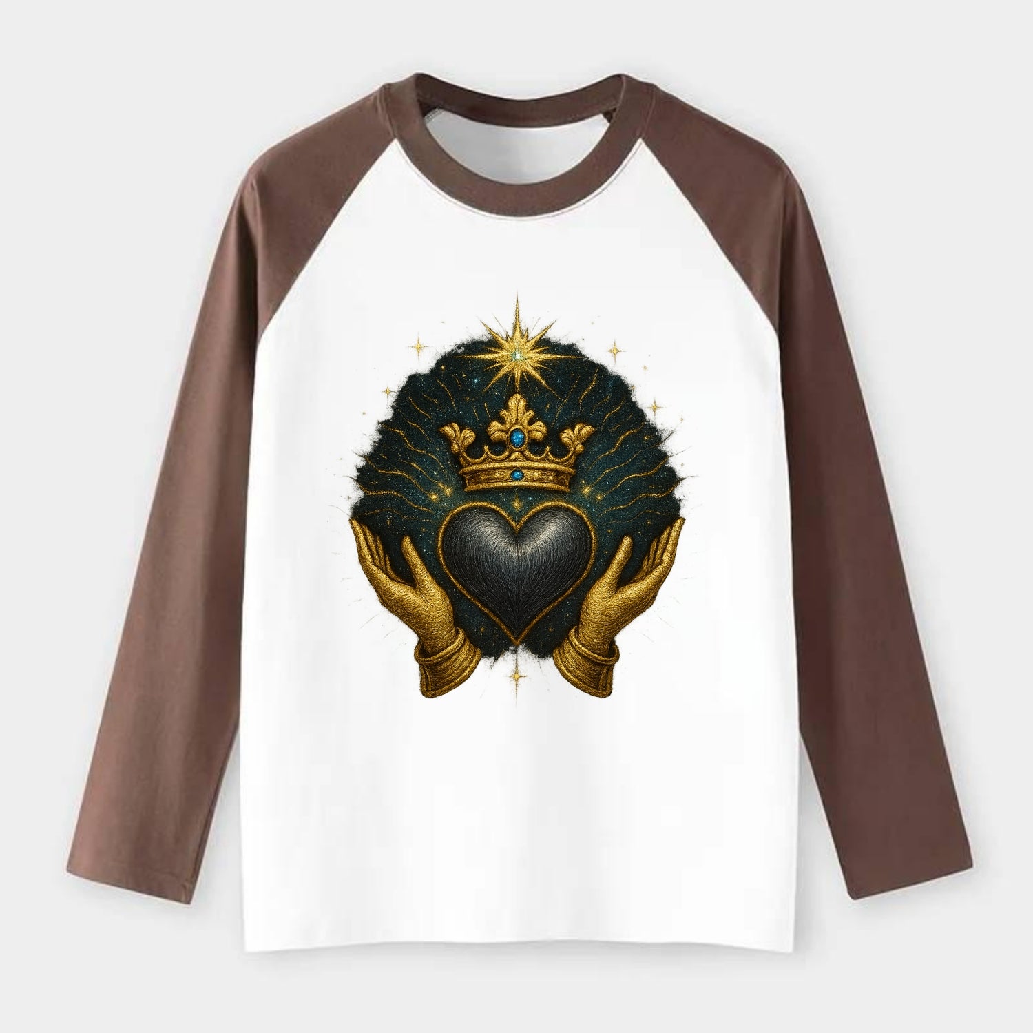 Pearl-studded tiara atop a satin-gunmetal heart supported by elegant - Raglan Long Sleeve T-Shirt - Coffee
