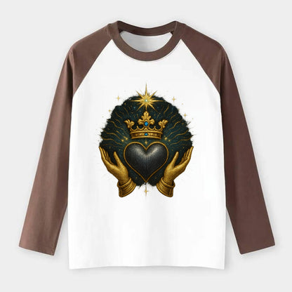 Pearl-studded tiara atop a satin-gunmetal heart supported by elegant - Raglan Long Sleeve T-Shirt - Coffee
