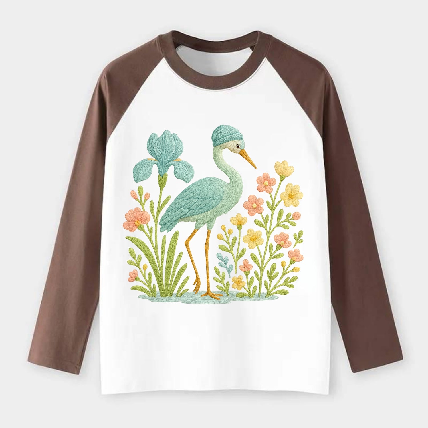 Mint Crane - Raglan Long Sleeve T-Shirt - Coffee