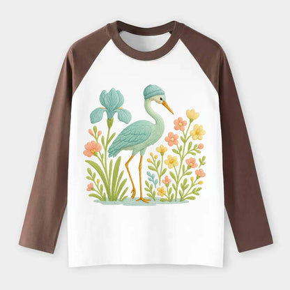 Mint Crane - Raglan Long Sleeve T-Shirt - Coffee